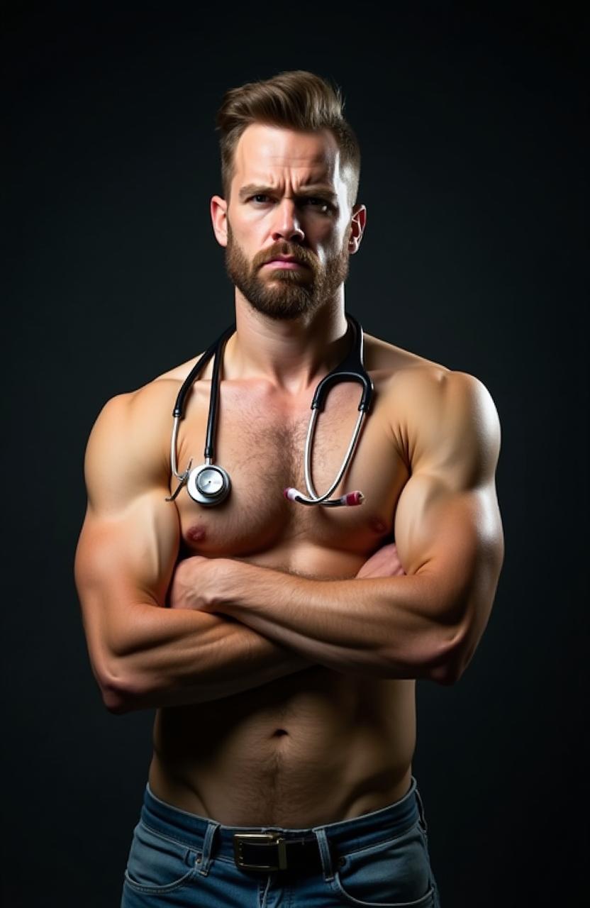 A fit male doctor with a bare chest standing against a dark background, arms crossed in front of his chest