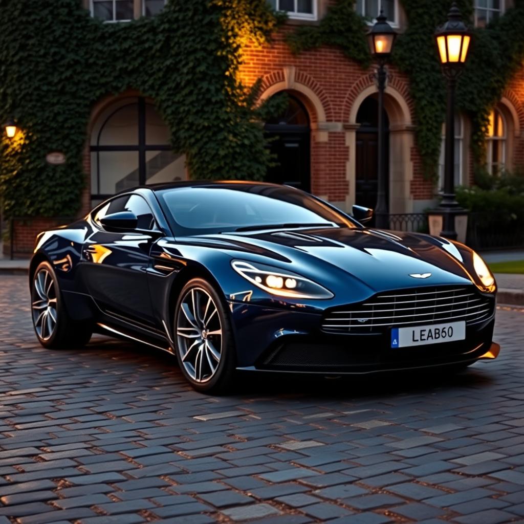 A luxurious Aston Martin DB11 parked elegantly on a cobblestone street in front of a historic building