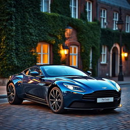 A luxurious Aston Martin DB11 parked elegantly on a cobblestone street in front of a historic building