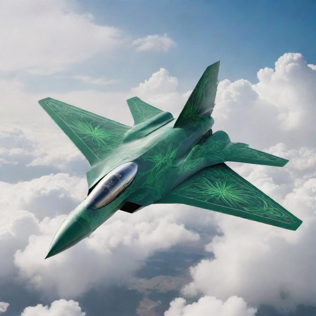 A futuristic fighter jet redesigned as an intricate cannabis vape, with cannabis leaf motifs accenting its sleek, aerodynamic design. It hovers in mid-flight, with trail of vapor behind.