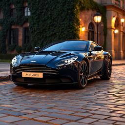 A luxurious Aston Martin DB11 parked elegantly on a cobblestone street in front of a historic building