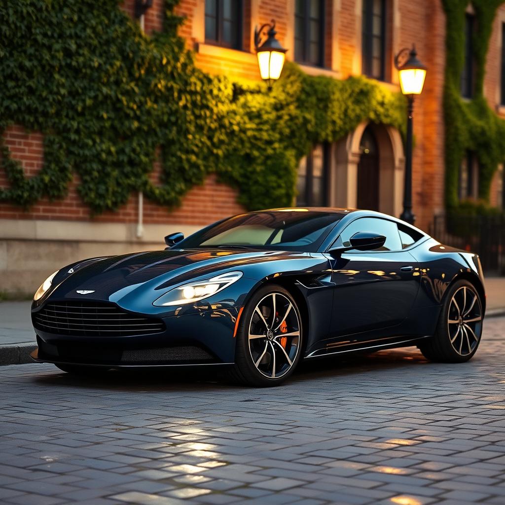 A luxurious Aston Martin DB11 parked elegantly on a cobblestone street in front of a historic building