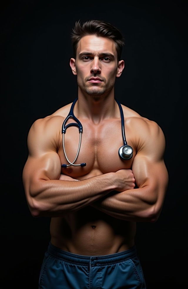 A fit male doctor with a bare chest standing against a dark background, arms crossed in front of his chest