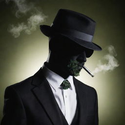 Conceptual image of a cannabis vape transforming into a suave, shadowy figure reminiscent of a secret agent or hitman.