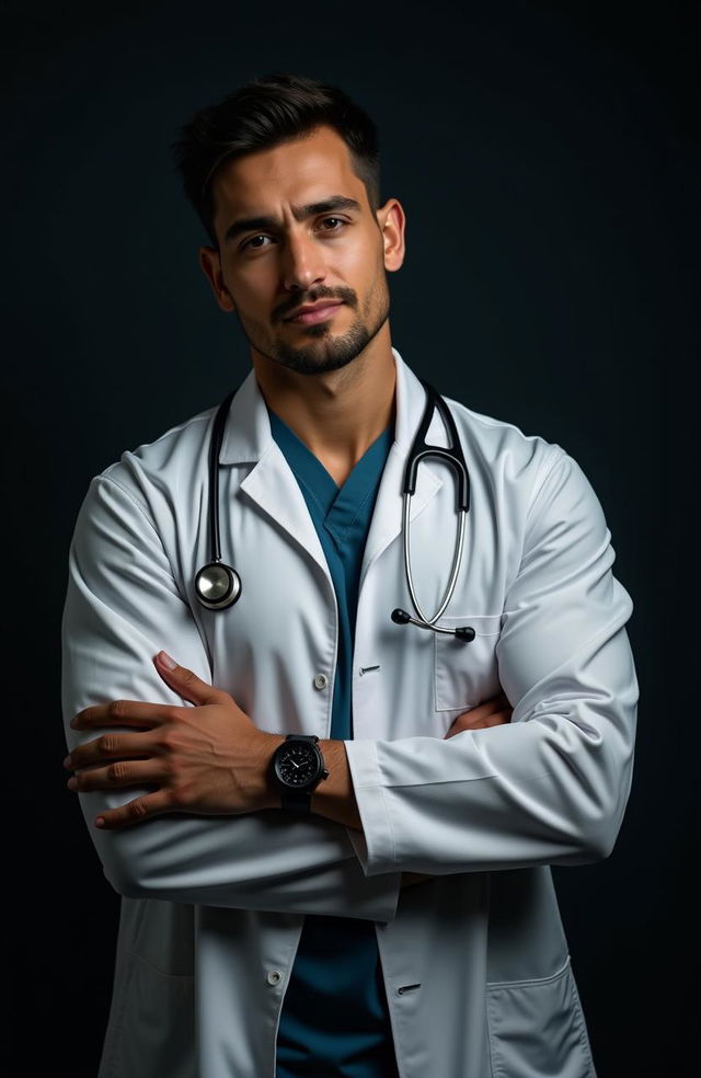 A fit male doctor standing against a dark background, arms crossed in front of his chest