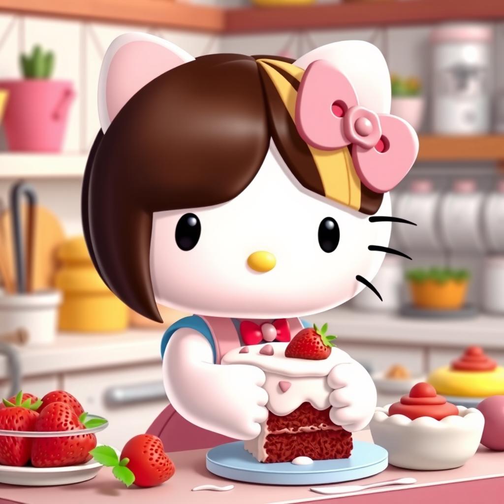 Hello Kitty cooking a strawberry cake, with her hair in dark brown and blonde tips, straight and sleek