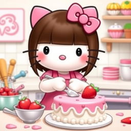 Hello Kitty cooking a strawberry cake, with her hair in dark brown and blonde tips, straight and sleek