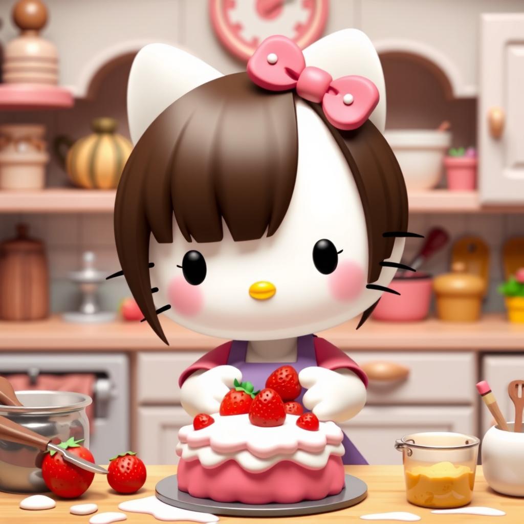 Hello Kitty cooking a strawberry cake, with her hair in dark brown and blonde tips, straight and sleek