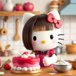 Hello Kitty cooking a strawberry cake, with her hair in dark brown and blonde tips, straight and sleek