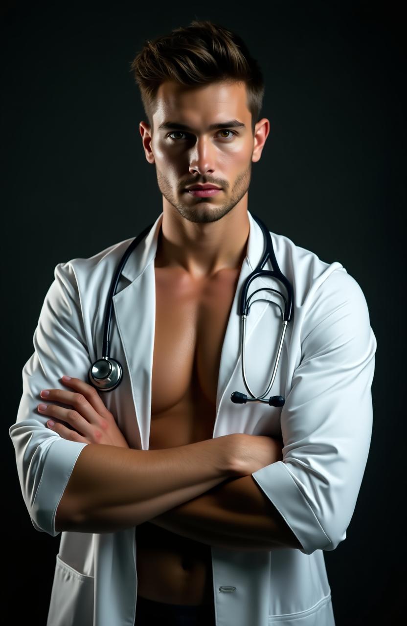 A sexy male doctor standing against a dark background, arms confidently crossed in front of his chest