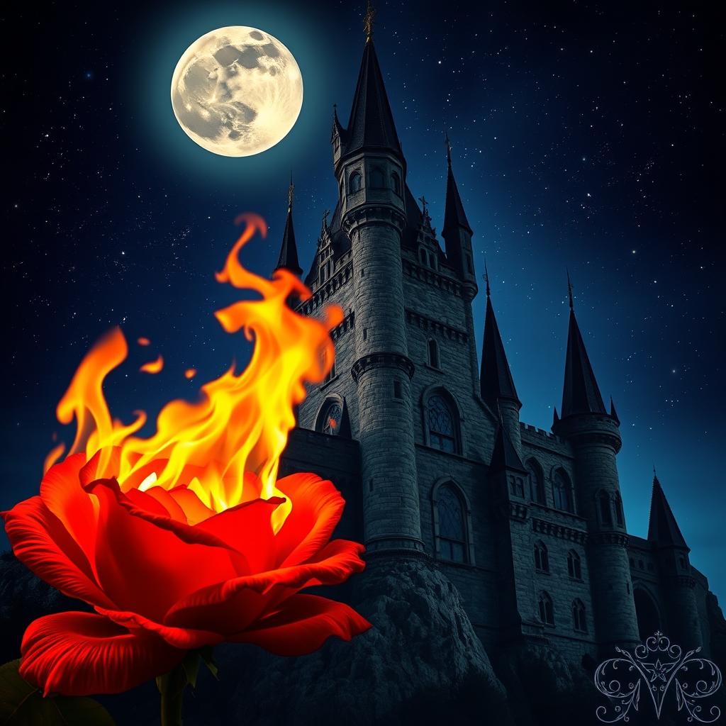 A burning rose with vivid, fiery flames in the foreground, set against a majestic castle