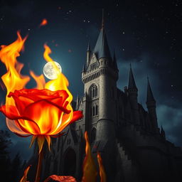 A burning rose with vivid, fiery flames in the foreground, set against a majestic castle