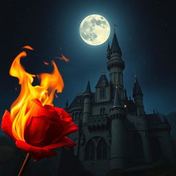 A burning rose with vivid, fiery flames in the foreground, set against a majestic castle