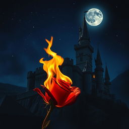 A burning rose with vivid, fiery flames in the foreground, set against a majestic castle