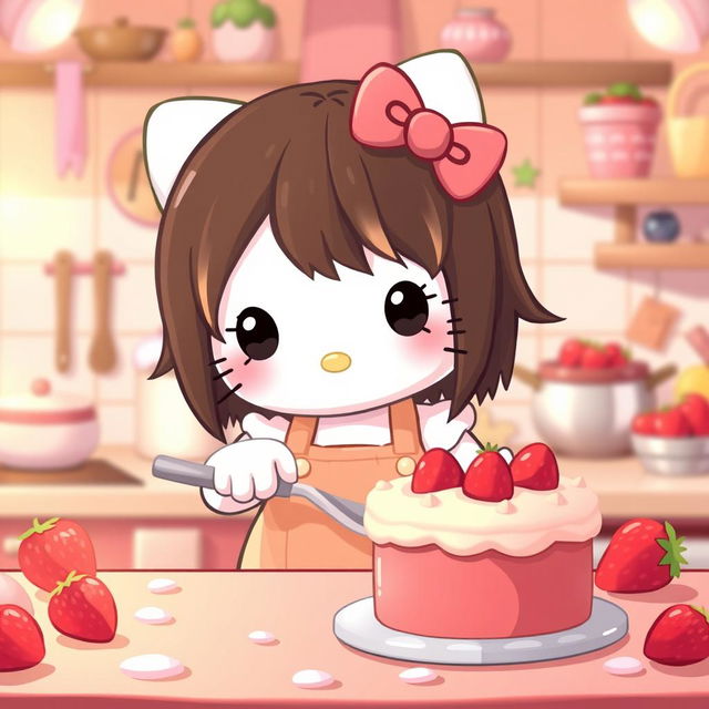 Hello Kitty character with medium-length dark brown hair and blonde highlights, cooking a strawberry cake in a cute kitchen setting