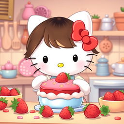 Hello Kitty character with medium-length dark brown hair and blonde highlights, cooking a strawberry cake in a cute kitchen setting