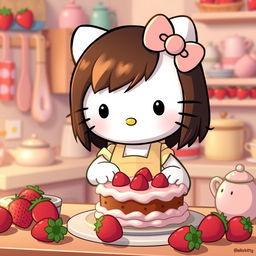 Hello Kitty character with medium-length dark brown hair and blonde highlights, cooking a strawberry cake in a cute kitchen setting