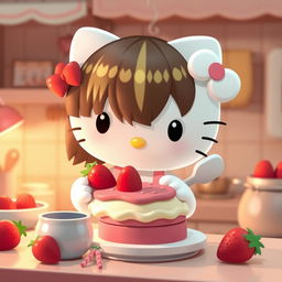 Hello Kitty character with medium-length dark brown hair and blonde highlights, cooking a strawberry cake in a cute kitchen setting