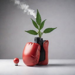 A uniquely designed cannabis vape, artistically contrasted with a tough boxing glove. Emphasize the blend of casual relaxation symbolized by the vape and the resilience symbolized by the boxing glove.