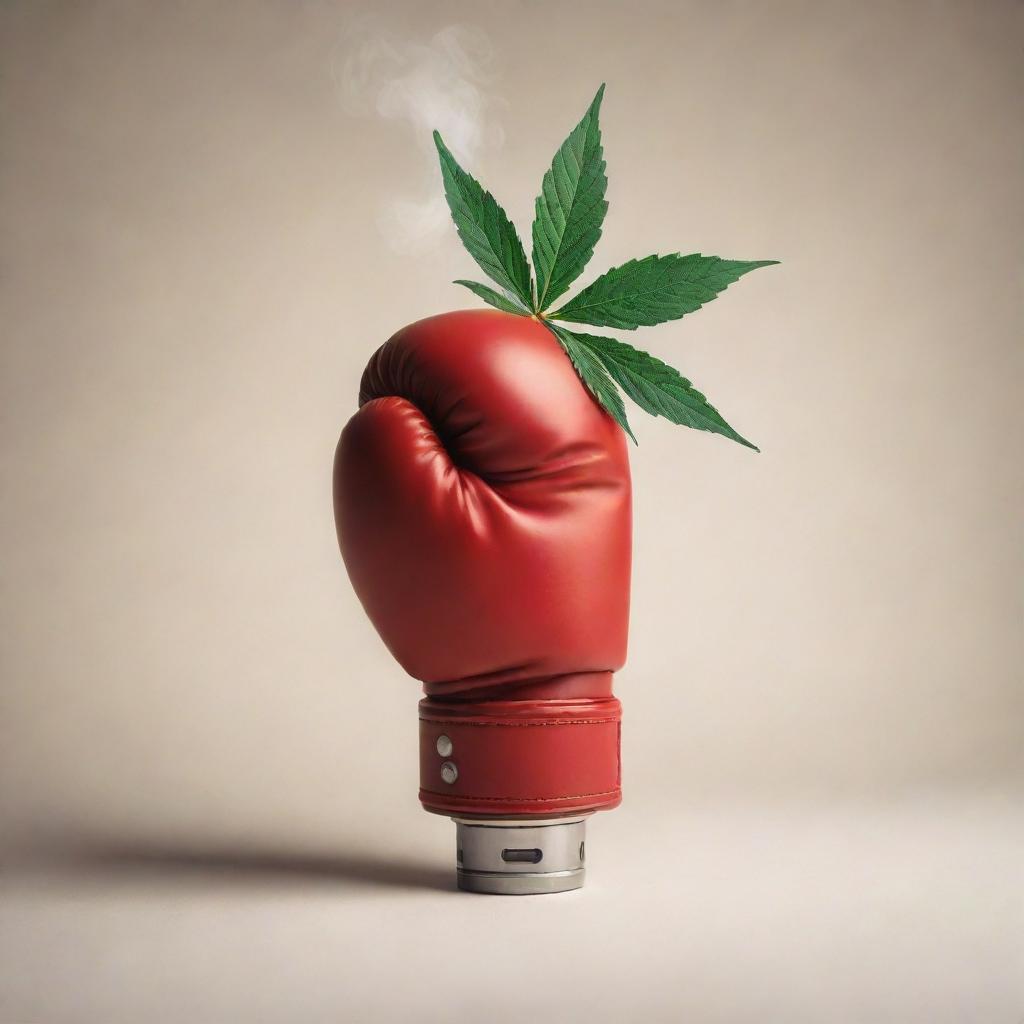 A uniquely designed cannabis vape, artistically contrasted with a tough boxing glove. Emphasize the blend of casual relaxation symbolized by the vape and the resilience symbolized by the boxing glove.