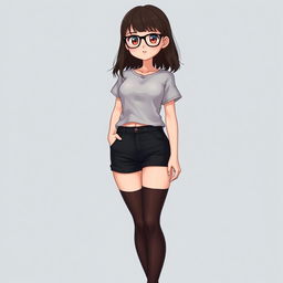 A short girl with a medium-slim build, featuring wide hips and thick thighs, small waist indentations, wearing very short black shorts and thigh-high stockings, small breasts, and a mid-length t-shirt