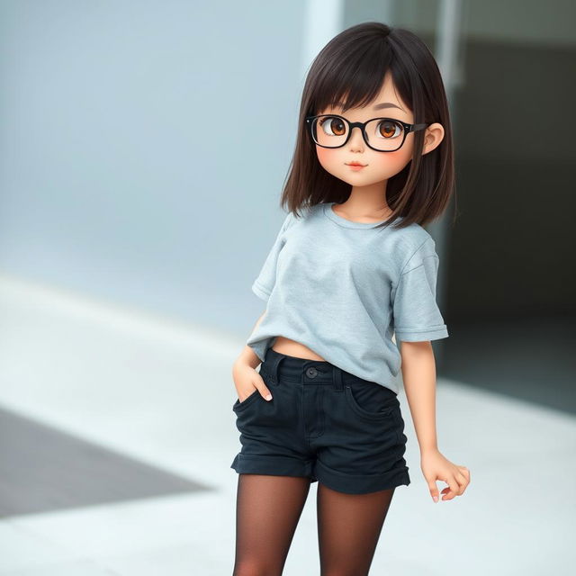 A short girl with a medium-slim build, featuring wide hips and thick thighs, small waist indentations, wearing very short black shorts and thigh-high stockings, small breasts, and a mid-length t-shirt