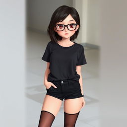 A short girl with a medium-slim build, featuring wide hips and thick thighs, small waist indentations, wearing very short black shorts and thigh-high stockings, small breasts, and a mid-length t-shirt