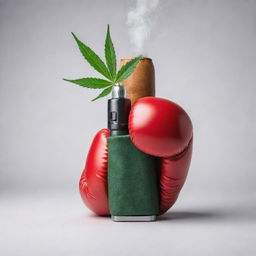 A uniquely designed cannabis vape, artistically contrasted with a tough boxing glove. Emphasize the blend of casual relaxation symbolized by the vape and the resilience symbolized by the boxing glove.