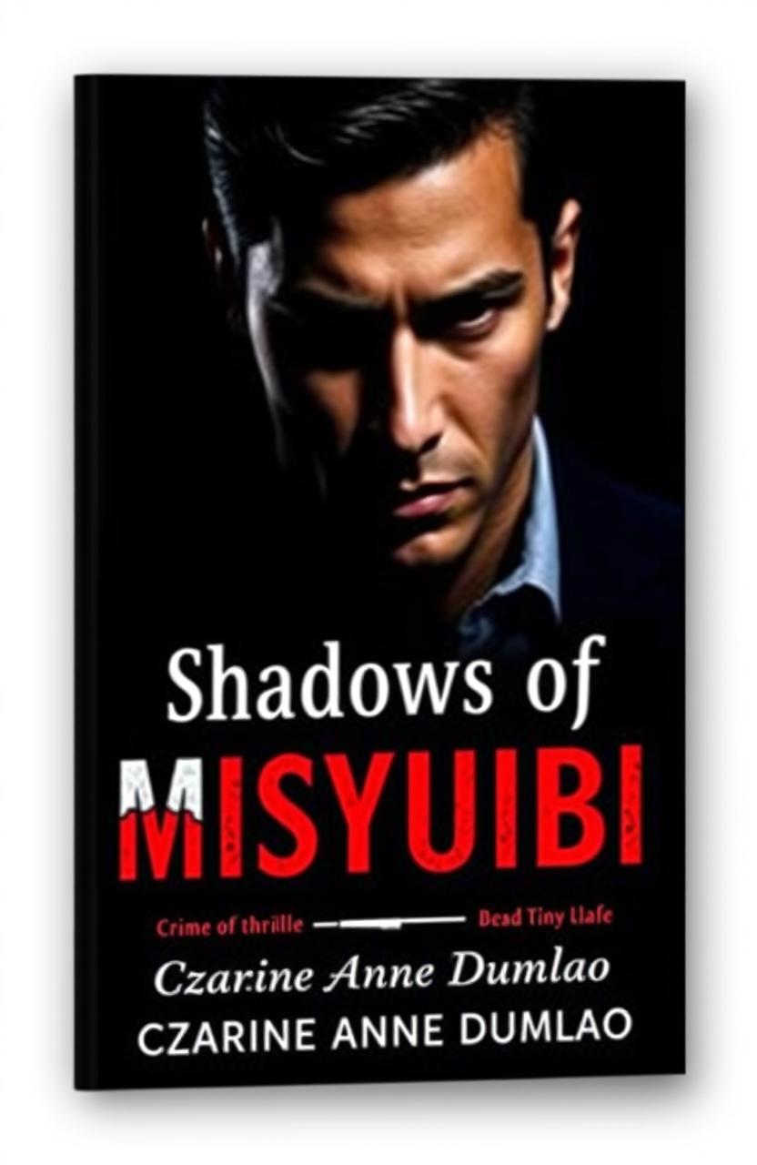 A striking book cover for "Shadows of Misyubibi" featuring a handsome man with half of his face enveloped in shadows, exuding an aura of mystery and intrigue