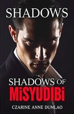 A striking book cover for "Shadows of Misyubibi" featuring a handsome man with half of his face enveloped in shadows, exuding an aura of mystery and intrigue