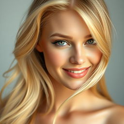 A beautiful blonde woman of English origin with a flawlessly made-up face, exuding elegance and style