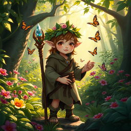 A mystical halfling druid standing in a lush forest, surrounded by vibrant flora