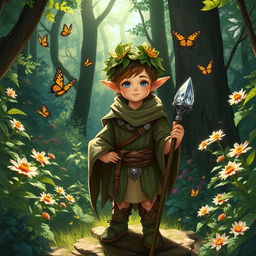 A mystical halfling druid standing in a lush forest, surrounded by vibrant flora