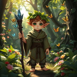 A mystical halfling druid standing in a lush forest, surrounded by vibrant flora