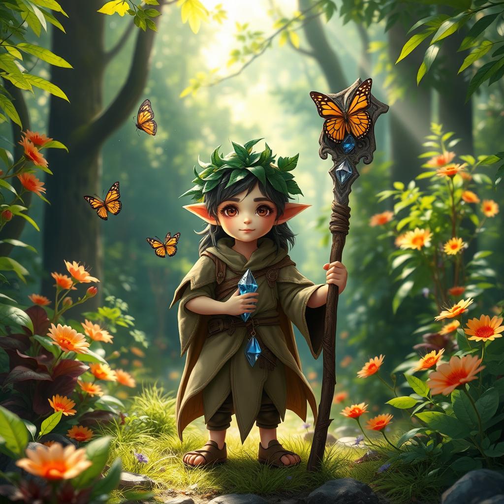 A mystical halfling druid standing in a lush forest, surrounded by vibrant flora