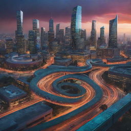 A cunning serpent traverses a futuristic cityscape, epitomizing the Serpent Effect. It embarks on representing life's patterns aptly, integrating symbols of diversity. The phrase 'Everything Will Affect Everything' is boldly displayed in an artistic manner. An edgy color palette enhances the city's dynamic atmosphere.