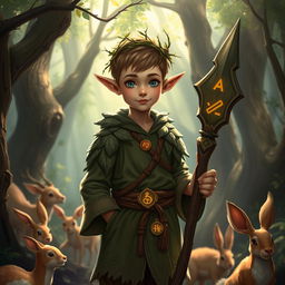 A halfling male druid with an adolescent appearance standing in a mystical forest setting