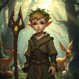 A halfling male druid with an adolescent appearance standing in a mystical forest setting