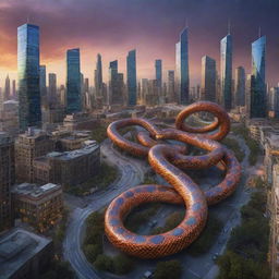 A cunning serpent traverses a futuristic cityscape, epitomizing the Serpent Effect. It embarks on representing life's patterns aptly, integrating symbols of diversity. The phrase 'Everything Will Affect Everything' is boldly displayed in an artistic manner. An edgy color palette enhances the city's dynamic atmosphere.