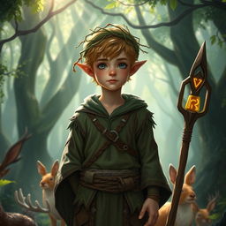 A halfling male druid with an adolescent appearance standing in a mystical forest setting