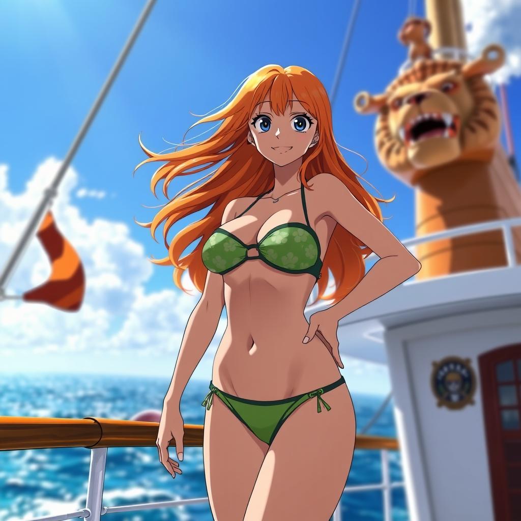 Nami from One Piece wearing a sexy bikini, standing confidently on the Sunny Go ship