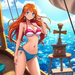 Nami from One Piece wearing a sexy bikini, standing confidently on the Sunny Go ship