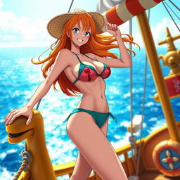 Nami from One Piece wearing a sexy bikini, standing confidently on the Sunny Go ship