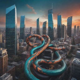 A cunning serpent traverses a futuristic cityscape, epitomizing the Serpent Effect. It embarks on representing life's patterns aptly, integrating symbols of diversity. The phrase 'Everything Will Affect Everything' is boldly displayed in an artistic manner. An edgy color palette enhances the city's dynamic atmosphere.