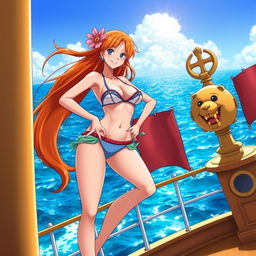 Nami from One Piece wearing a sexy bikini, standing confidently on the Sunny Go ship