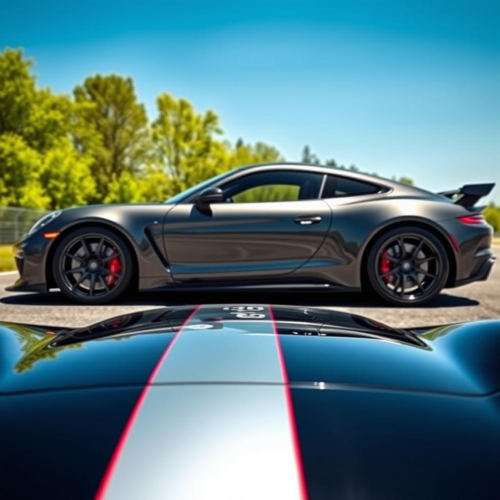 A sleek and powerful sports car with stylish and bold racing stripes running along its body