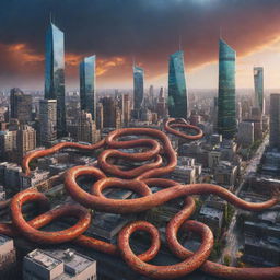 A cunning serpent traverses a futuristic cityscape, epitomizing the Serpent Effect. It embarks on representing life's patterns aptly, integrating symbols of diversity. The phrase 'Everything Will Affect Everything' is boldly displayed in an artistic manner. An edgy color palette enhances the city's dynamic atmosphere.