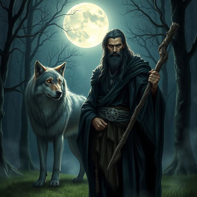 A half-male druid with a shadowy, mysterious appearance standing under a moonlit night