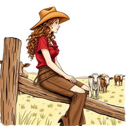 A young woman from the Old West sitting on a wooden fence, observing cows grazing