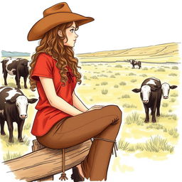 A young woman from the Old West sitting on a wooden fence, observing cows grazing